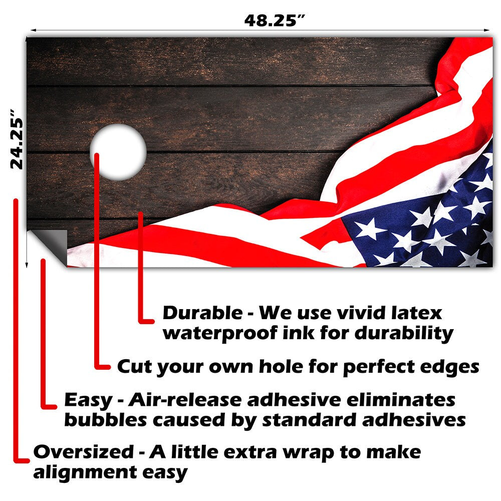 Flag on Dark Wood - Cornhole Board Wrap - Set of 2
