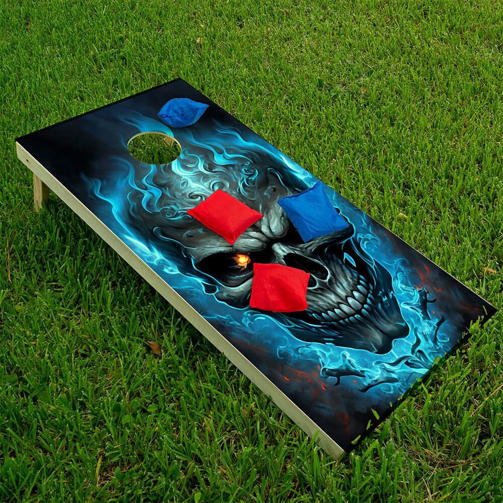 Blue Flaming Skull - Cornhole Board Wrap - Set of 2