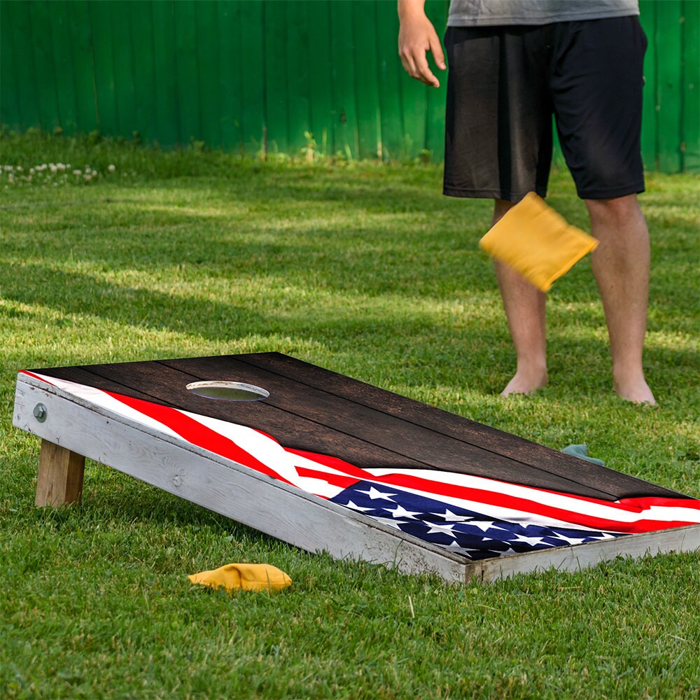 American Flag on Dark Wood - Cornhole Board Wrap - Set of 2