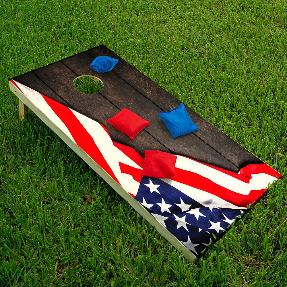 American Flag on Dark Wood - Cornhole Board Wrap - Set of 2