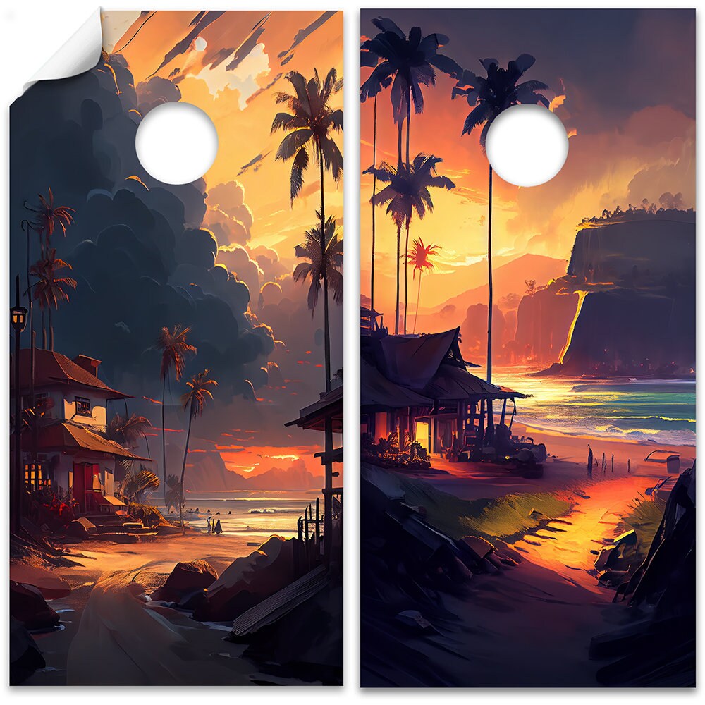 Tropical Sunset Painting - Cornhole Board Wrap - Set of 2