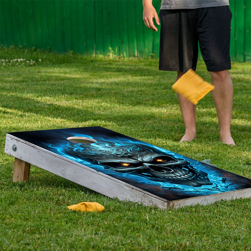 Blue Flaming Skull - Cornhole Board Wrap - Set of 2