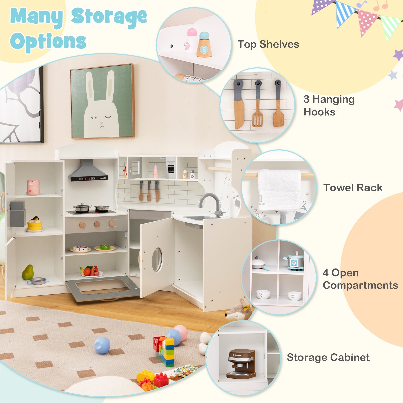 Corner Kids Play Kitchen with Washing Machine and Ice Maker Gift for Boys Girls-White