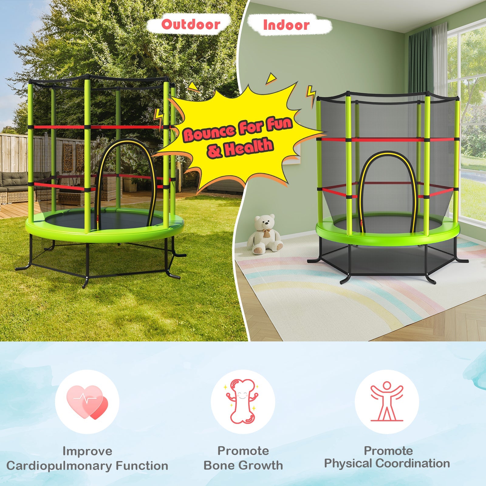 55 Inch Kids Recreational Trampoline Bouncing Jumping Mat with Enclosure Net-Green