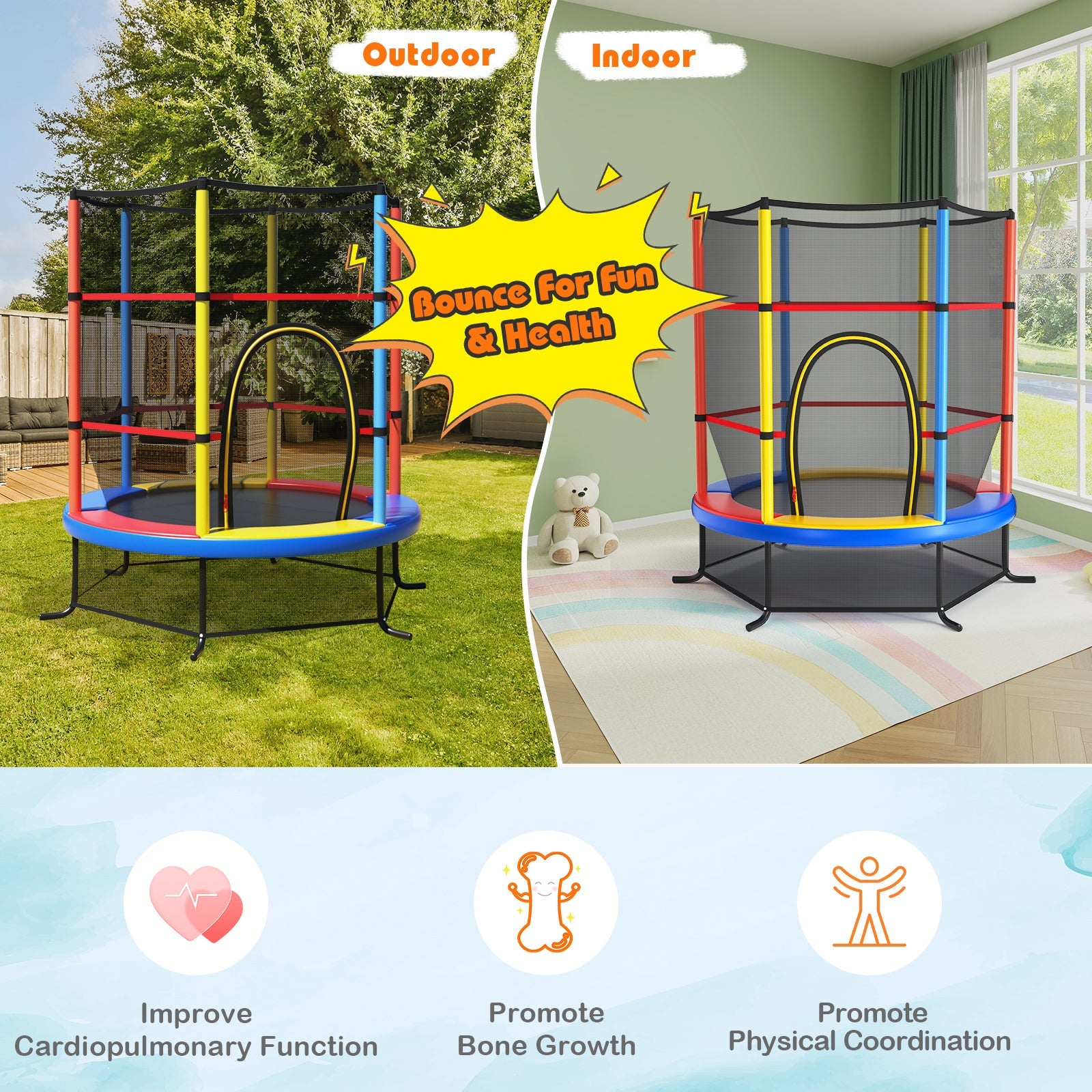 55 Inch Kids Recreational Trampoline Bouncing Jumping Mat with Enclosure Net-Yellow