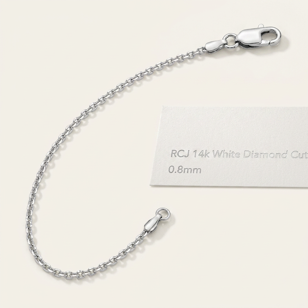 14k White Diamond Cut Cable Link Chain 0.8mm