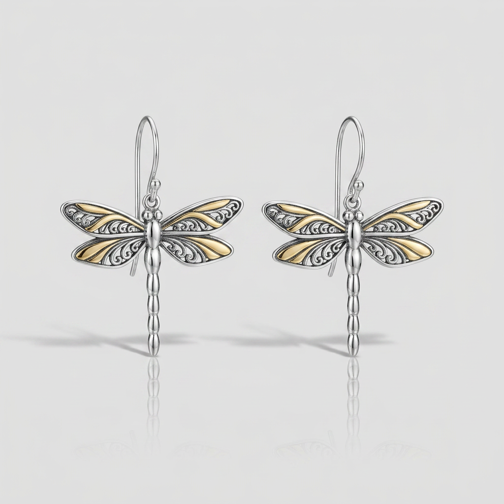 18k Yellow Gold and Sterling Silver Dragonfly Motif Drop Earrings