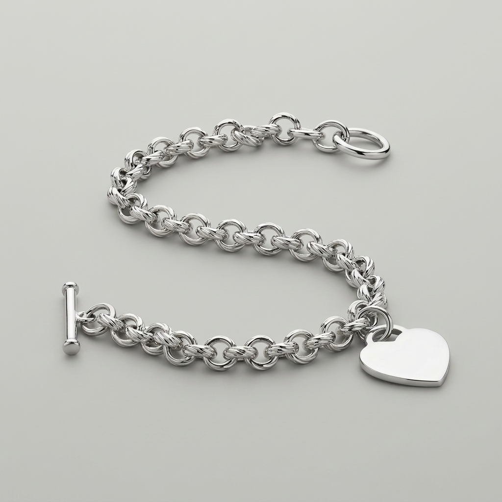 Sterling Silver Rhodium Plated Rolo Style Heart Charmed Chain Bracelet