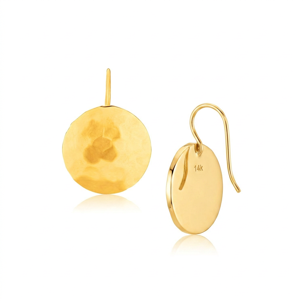 14k Yellow Gold Hammered Texture Disc Drop Earrings Medium