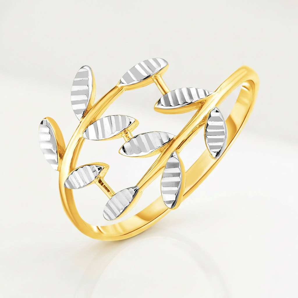 14k Two Tone Gold Crossover Ring with Textured Leaves