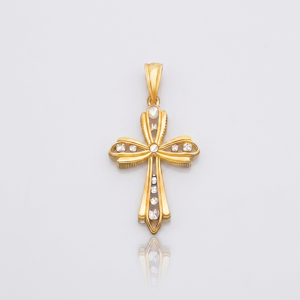 14k Two-Tone Gold Fancy Cross Pendant with Diamond Cuts