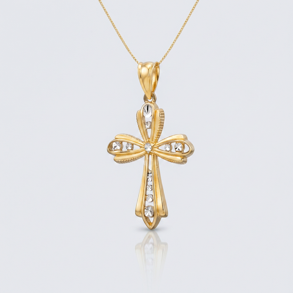 14k Two-Tone Gold Fancy Cross Pendant with Diamond Cuts