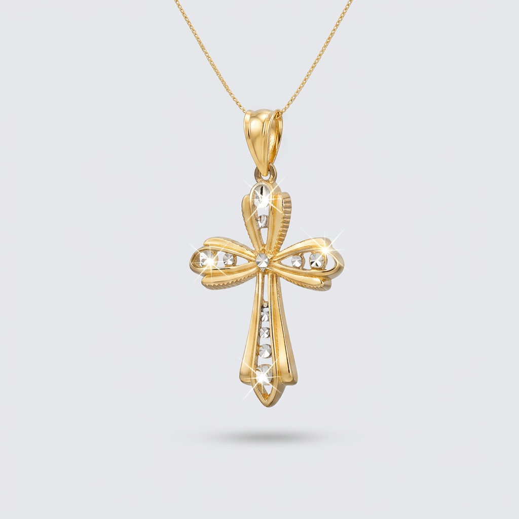 14k Two-Tone Gold Fancy Cross Pendant with Diamond Cuts