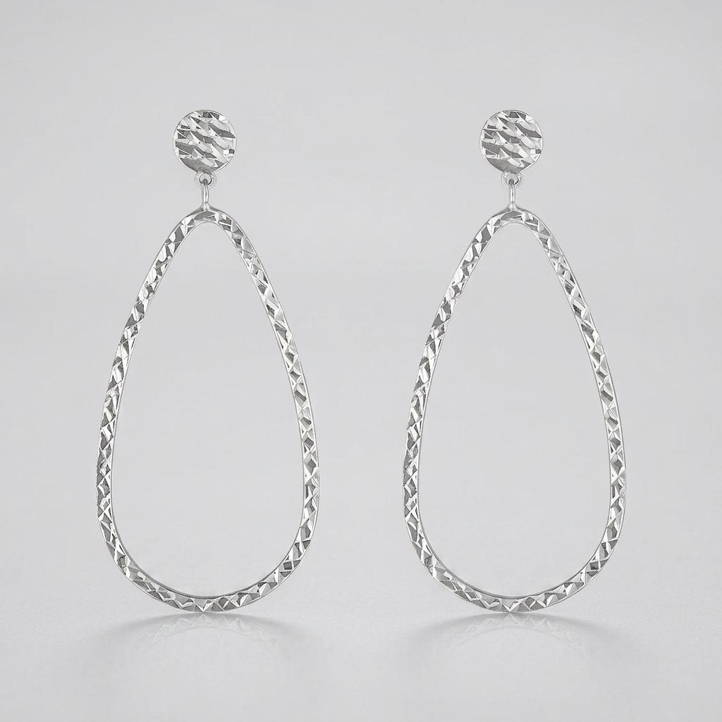 14k White Gold Textured Teardrop Motif Post Earrings