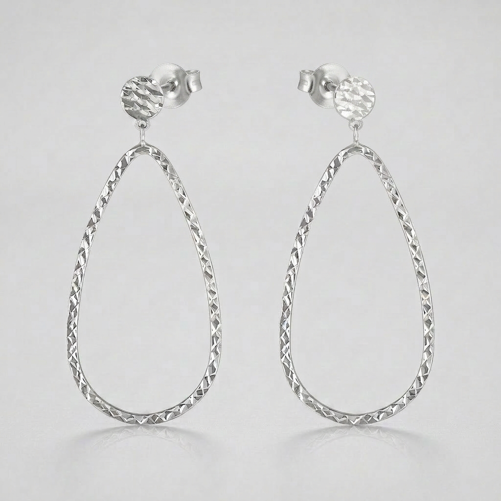 14k White Gold Textured Teardrop Motif Post Earrings