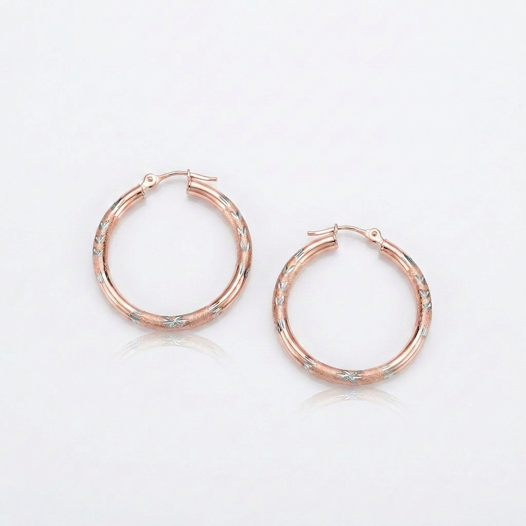 14k Rose Gold Fancy Diamond Cut Hoop Earrings (25mm Diameter)