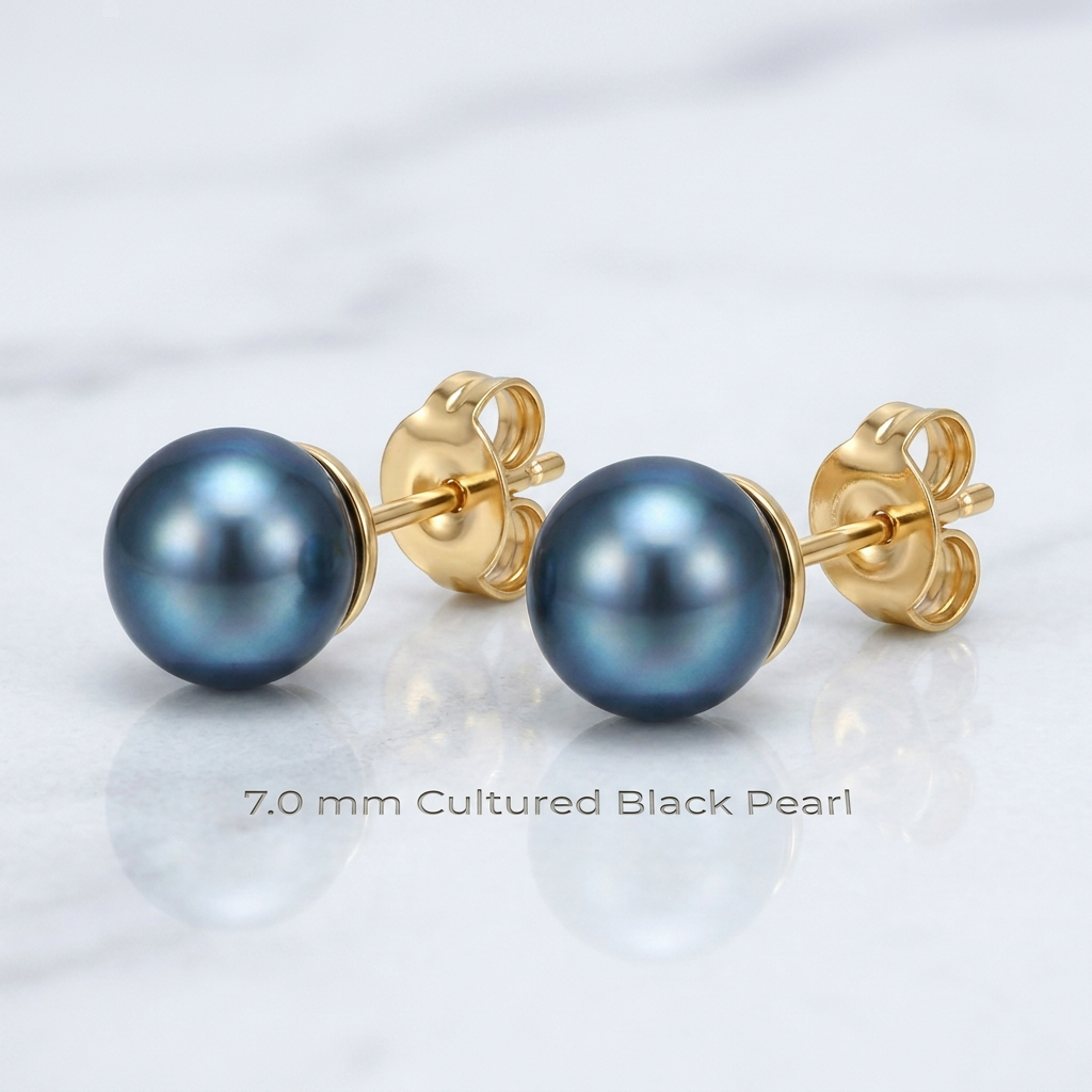 14k Yellow Gold Cultured Black Pearl Stud Earrings (7.0 mm)