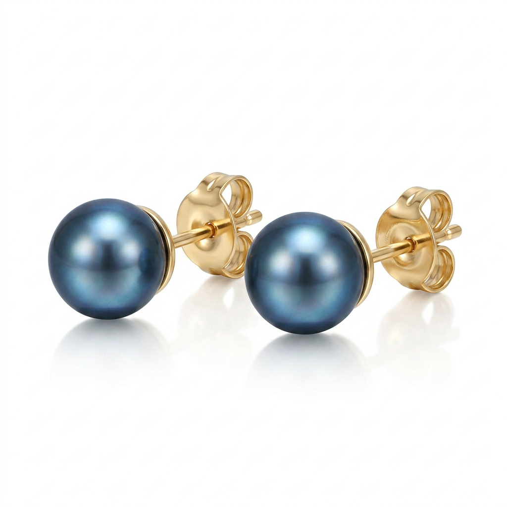 14k Yellow Gold Cultured Black Pearl Stud Earrings (7.0 mm)