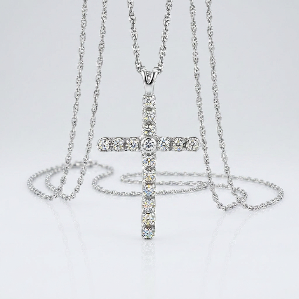 Cross Pendant with Diamonds in Sterling Silver