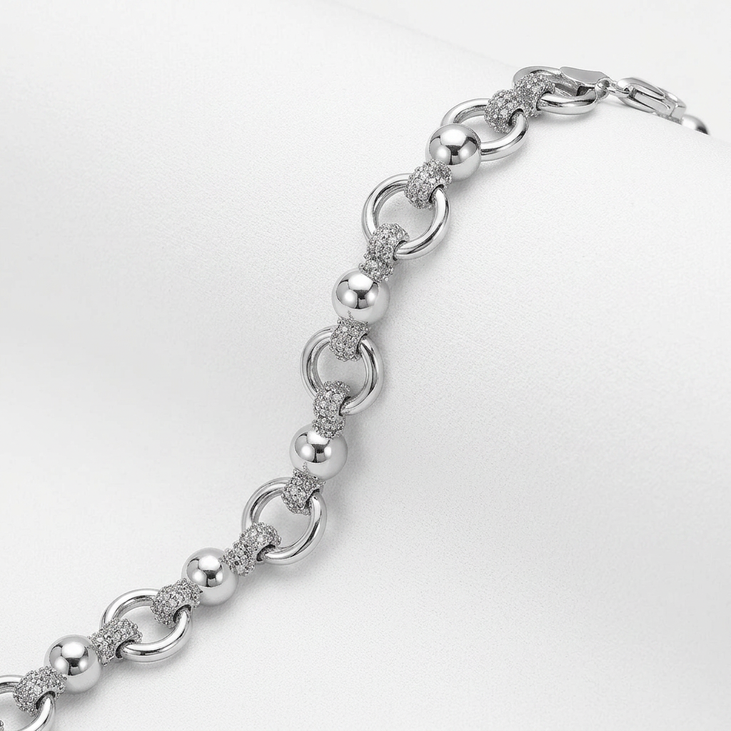 Sterling Silver Multi Strand Bead Chain Bracelet with Rings and Rhodium Plating