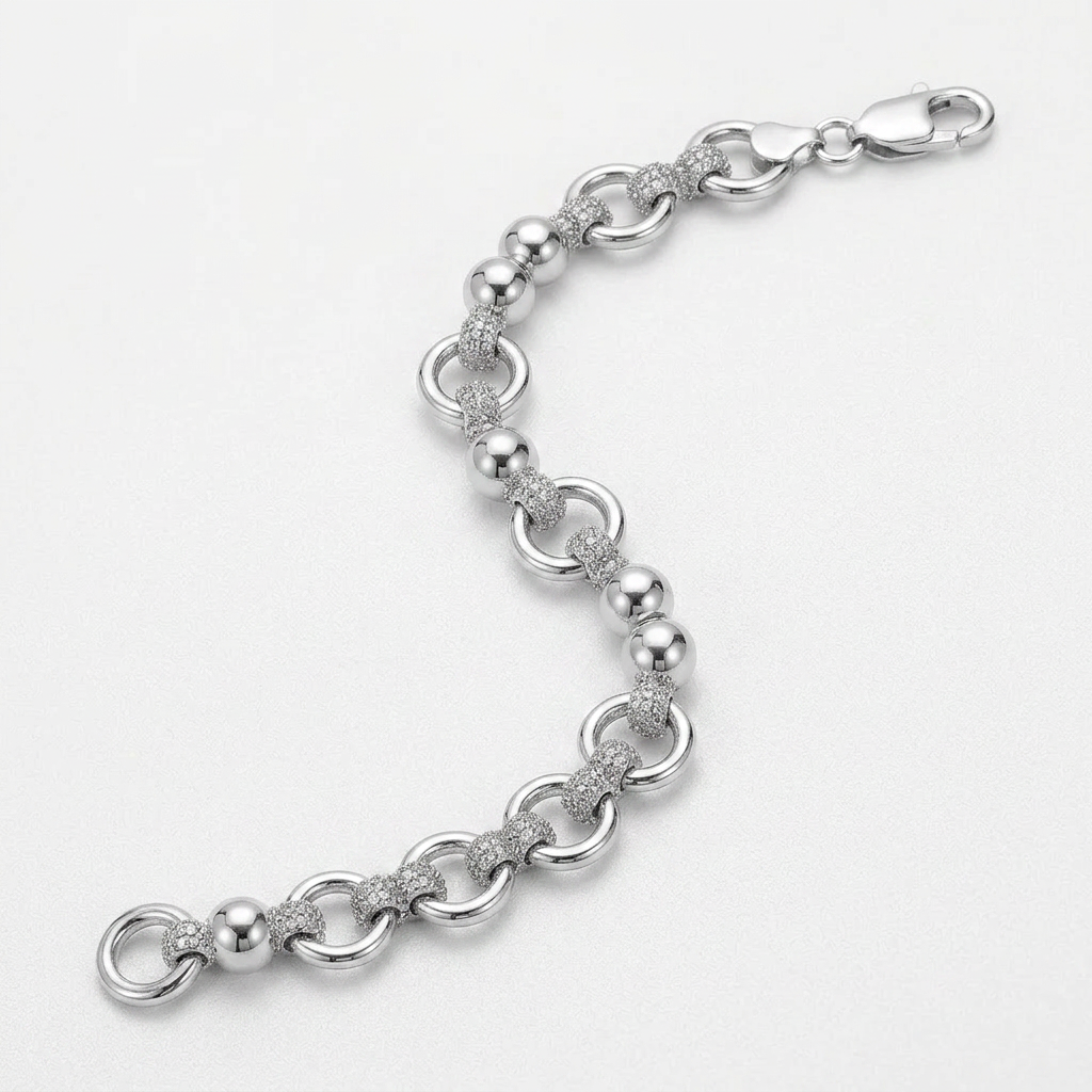 Sterling Silver Multi Strand Bead Chain Bracelet with Rings and Rhodium Plating
