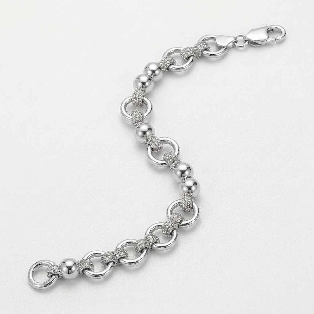 Sterling Silver Multi Strand Bead Chain Bracelet with Rings and Rhodium Plating
