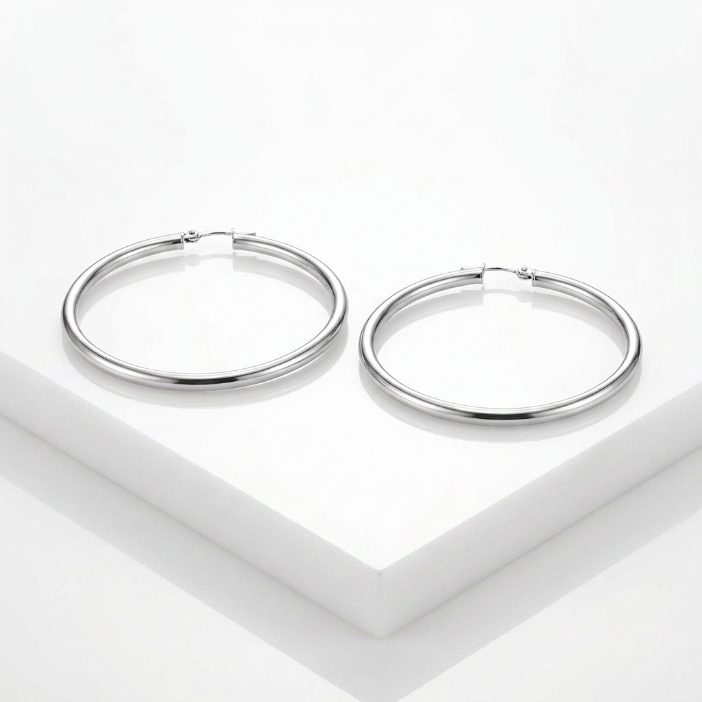 14k White Gold Polished Hoop Earrings (30  mm)