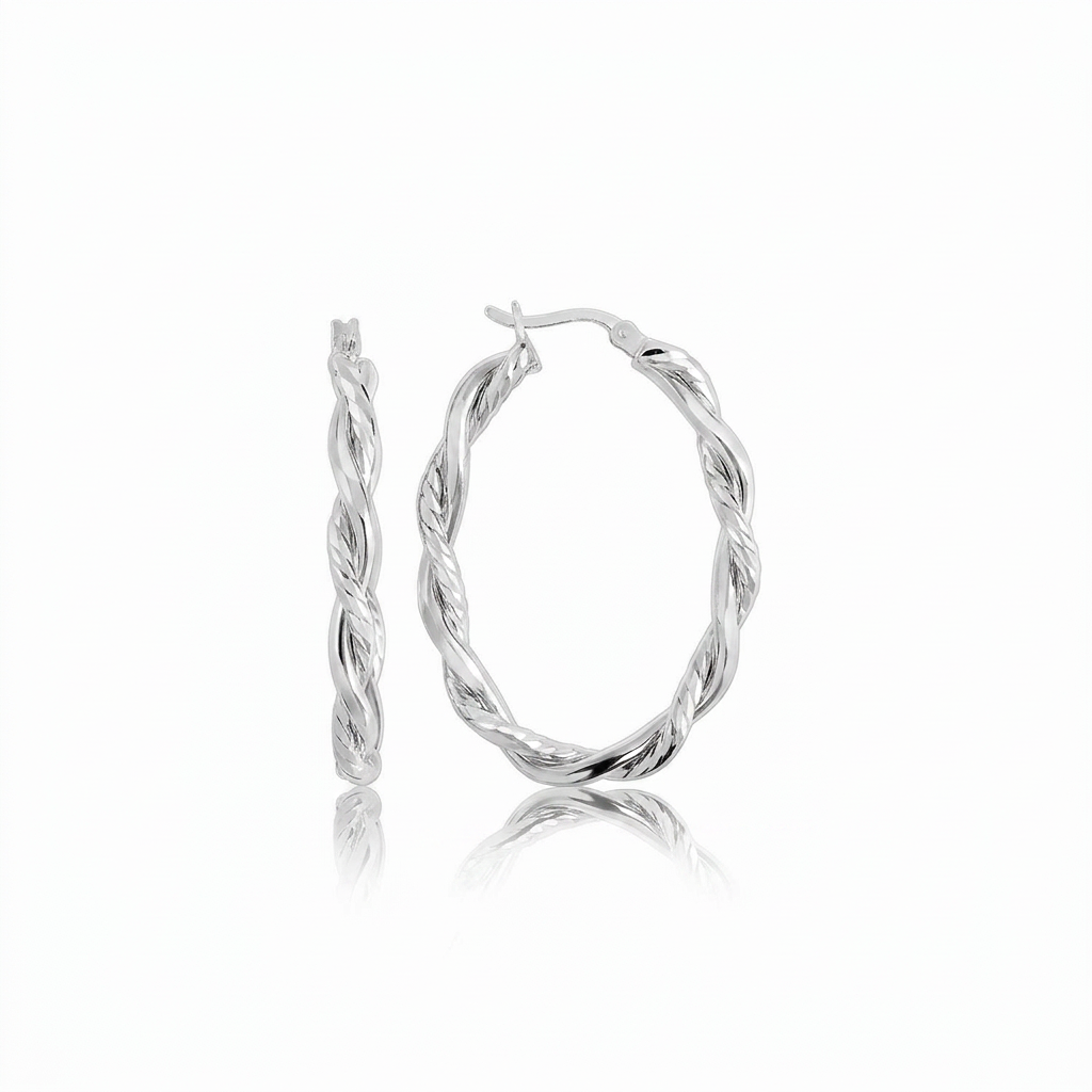 Sterling Silver Oval Hoop Braided Diamond Cut Earrings