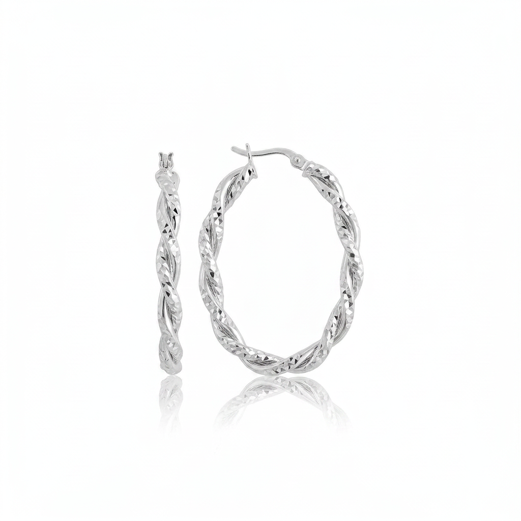Sterling Silver Oval Hoop Braided Diamond Cut Earrings