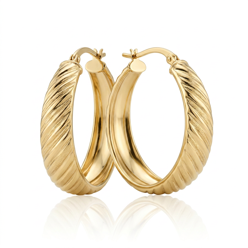 14k Yellow Gold Textured Graduated Twist Hoop Earrings