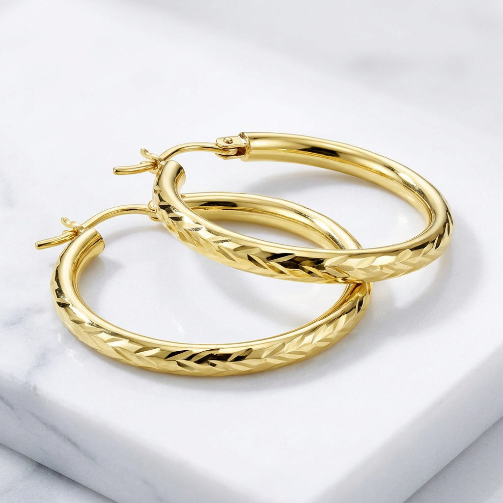 14k Yellow Gold Diamond Cut Hoop Earrings (20mm)