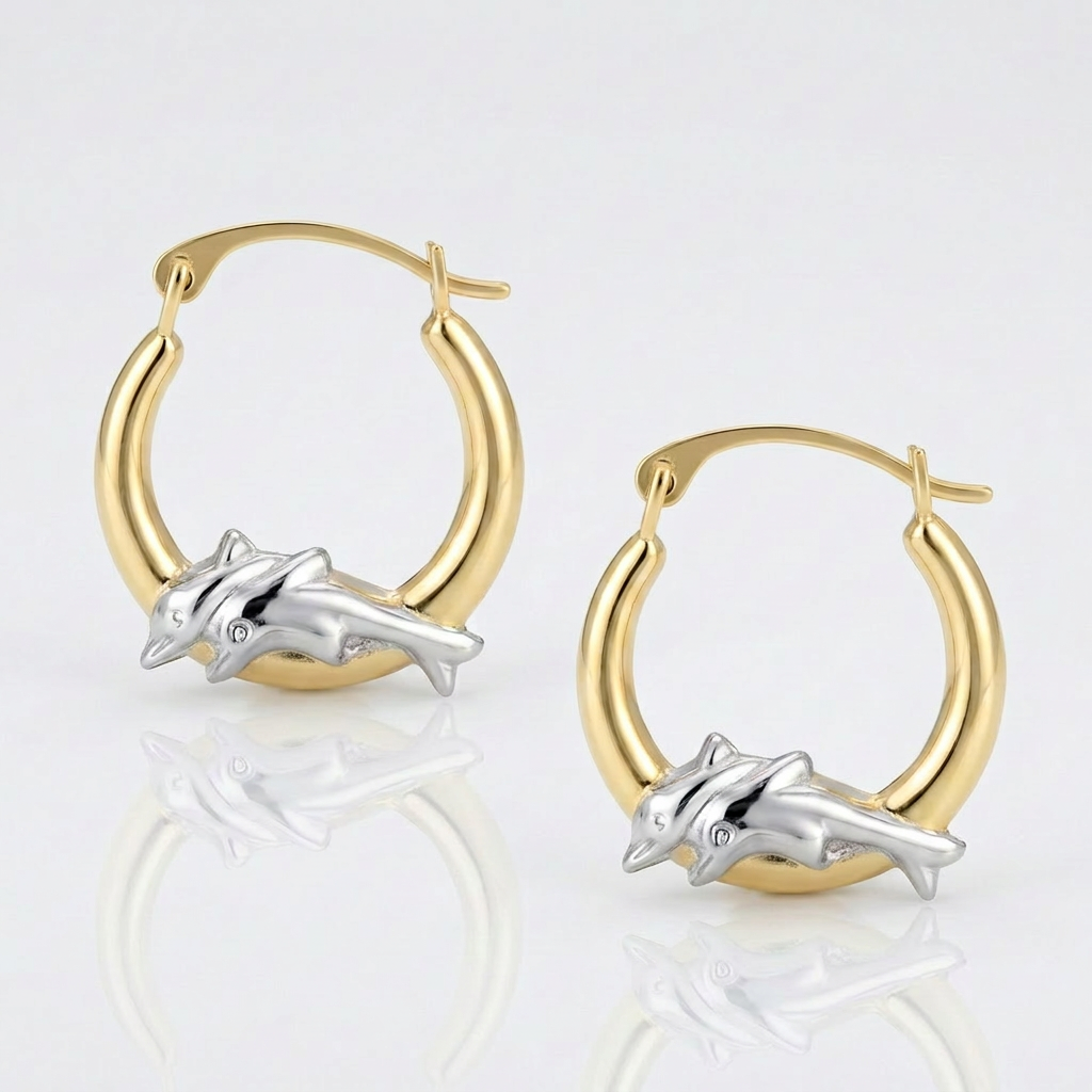 10k Two-Tone Gold Round Graduated Dolphin Design Hoop Earrings