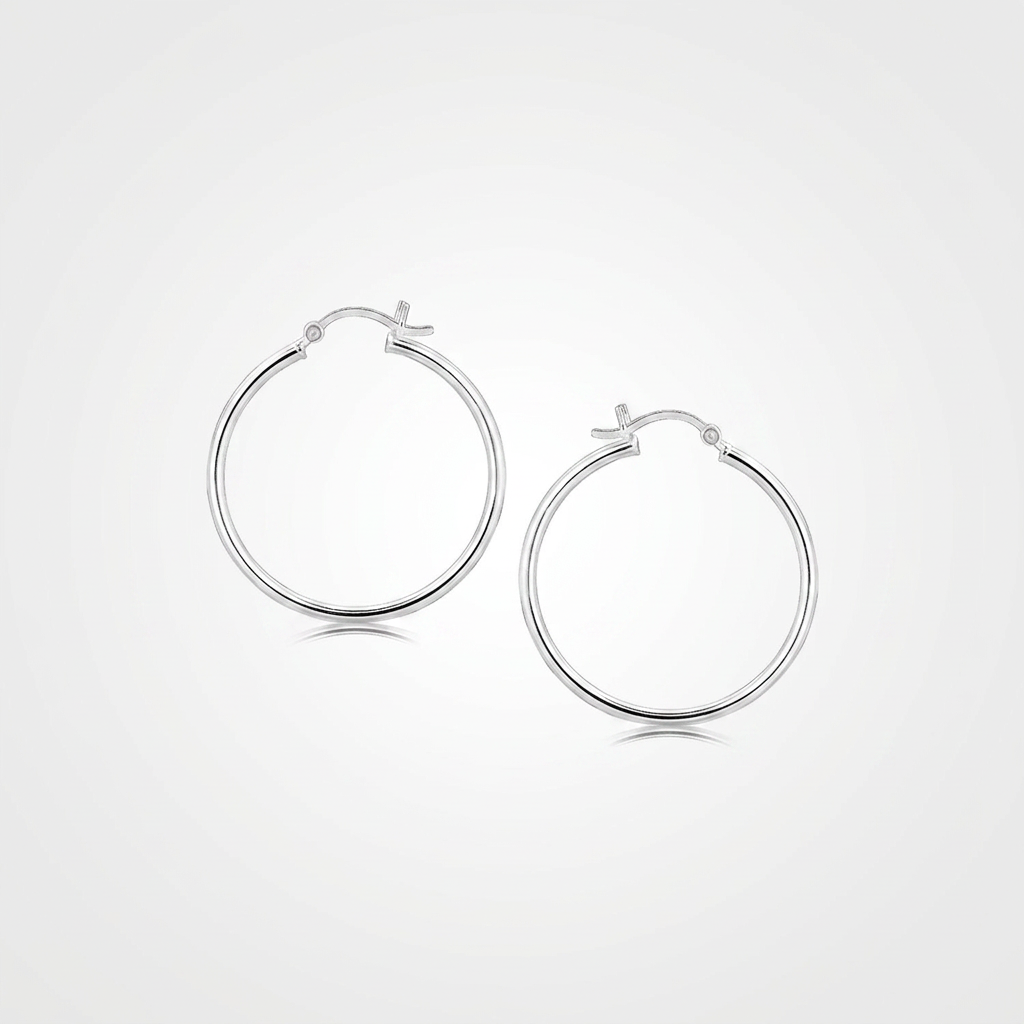 Sterling Silver Thin Polished Hoop Style Earrings with Rhodium Plating (30mm)