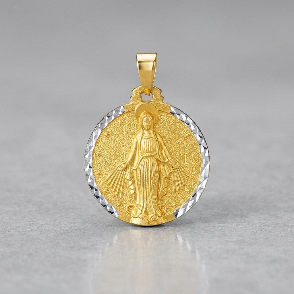 14k Two Tone Gold Round Religious Medal Pendant
