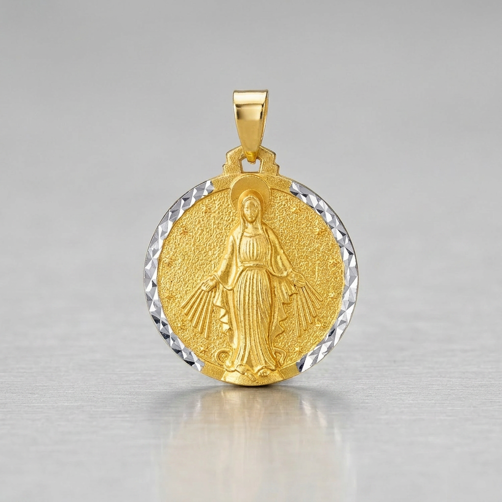 14k Two Tone Gold Round Religious Medal Pendant