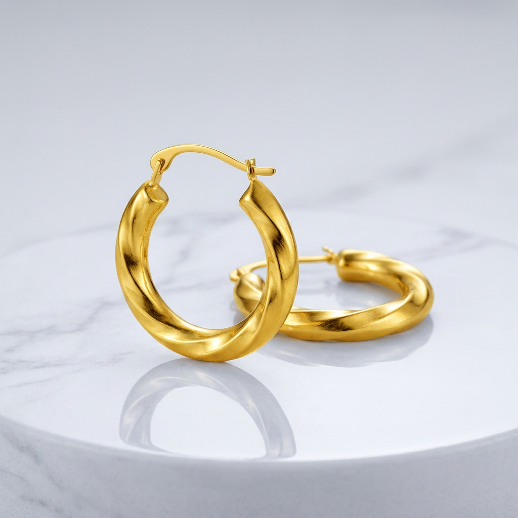 14k Yellow Gold Wavy Texture Hoop Earrings