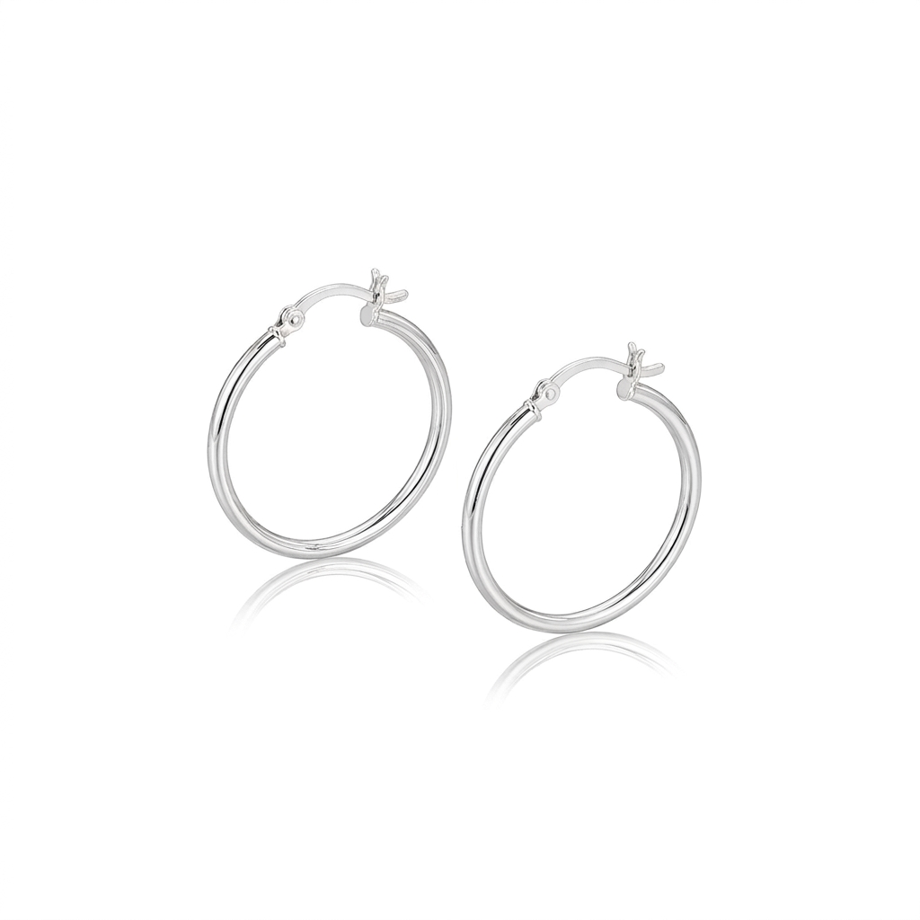 Sterling Silver Rhodium Plated Thin and Polished Hoop Motif Earrings (25mm)