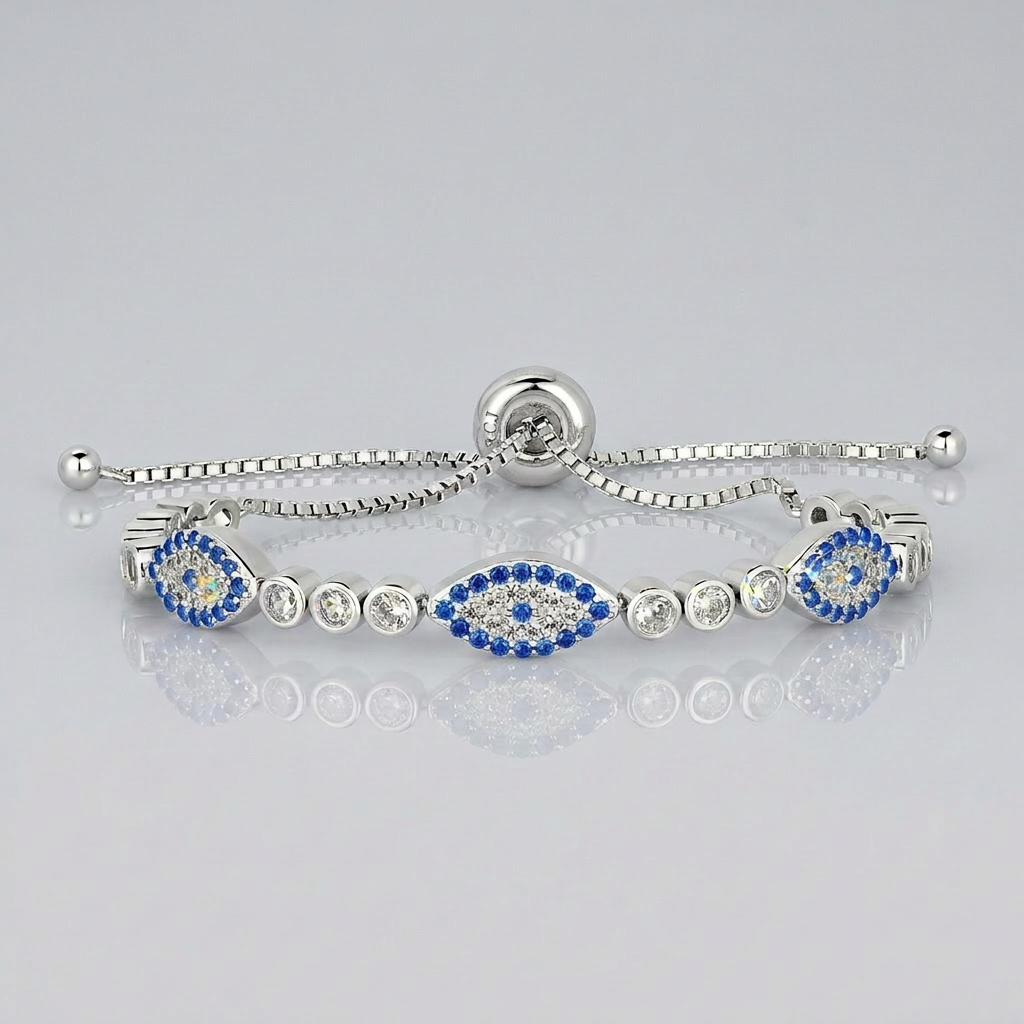 Sterling Silver Adjustable Enameled Evil Eye Bracelet with Cubic Zirconias