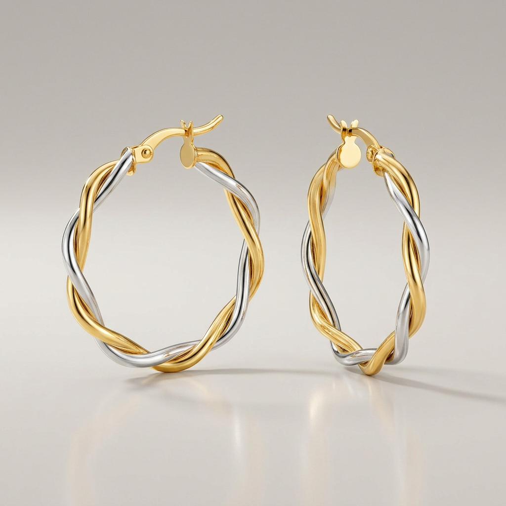 Two-Tone Twisted Wire Round Hoop Earrings in 10k Yellow and White Gold