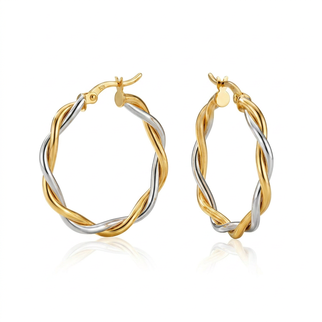Two-Tone Twisted Wire Round Hoop Earrings in 10k Yellow and White Gold