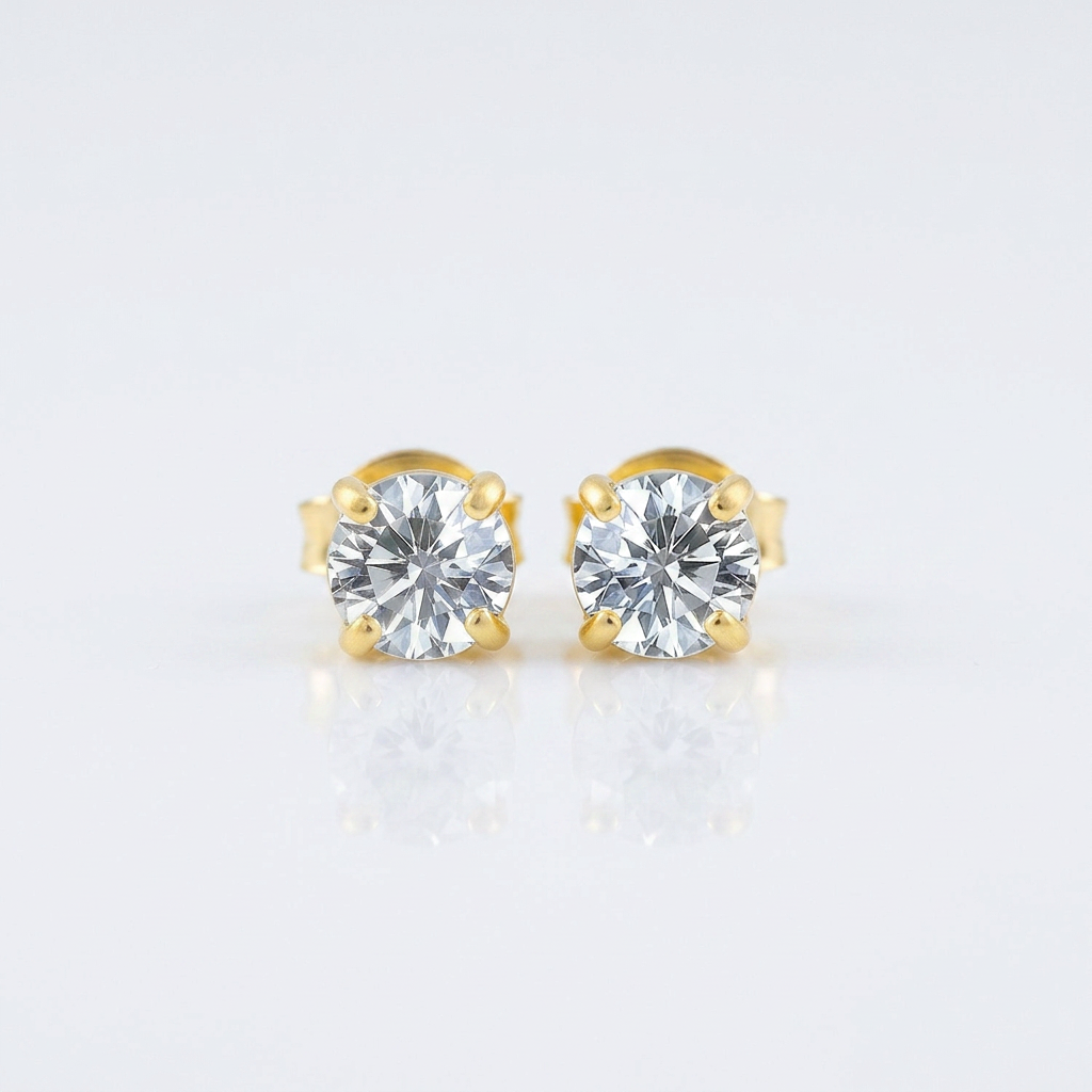 14 k Yellow Gold Stud Earrings with White Hue Faceted Cubic Zirconia