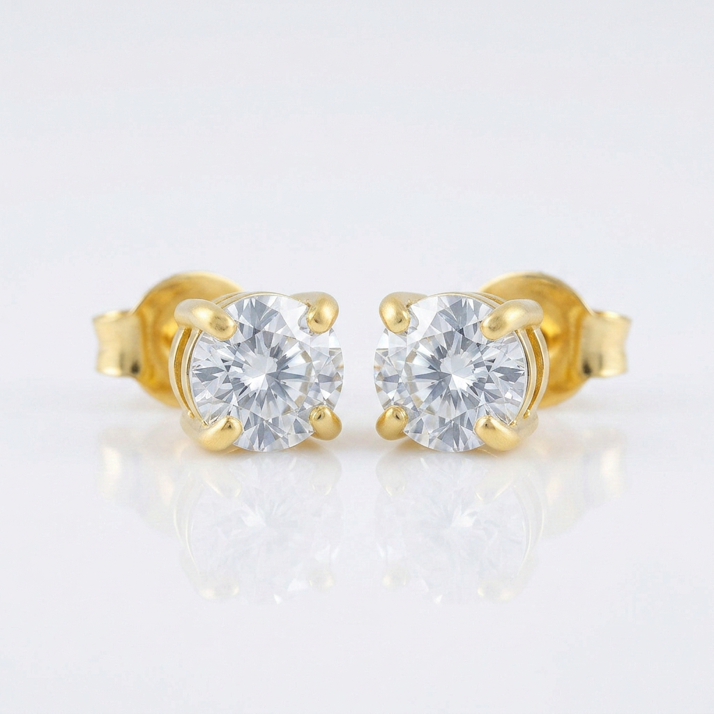 14 k Yellow Gold Stud Earrings with White Hue Faceted Cubic Zirconia