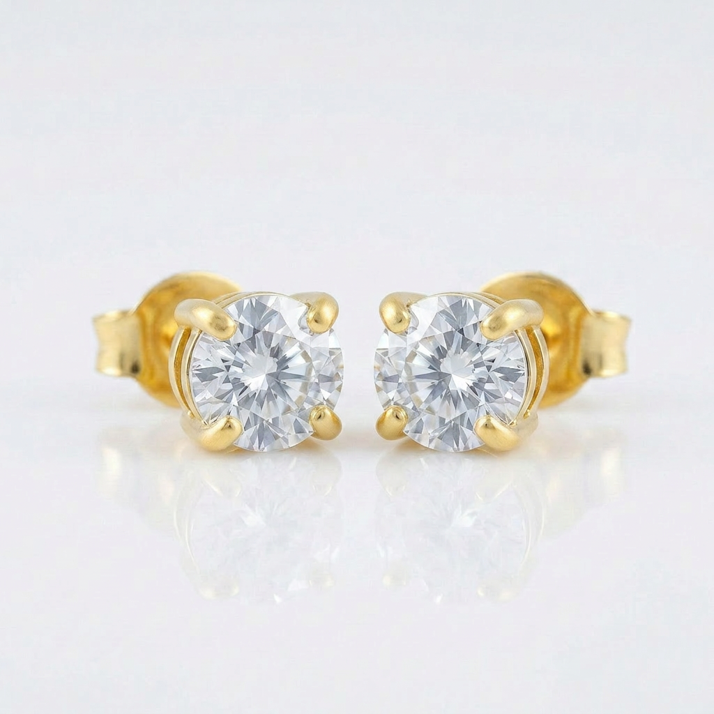 14 k Yellow Gold Stud Earrings with White Hue Faceted Cubic Zirconia