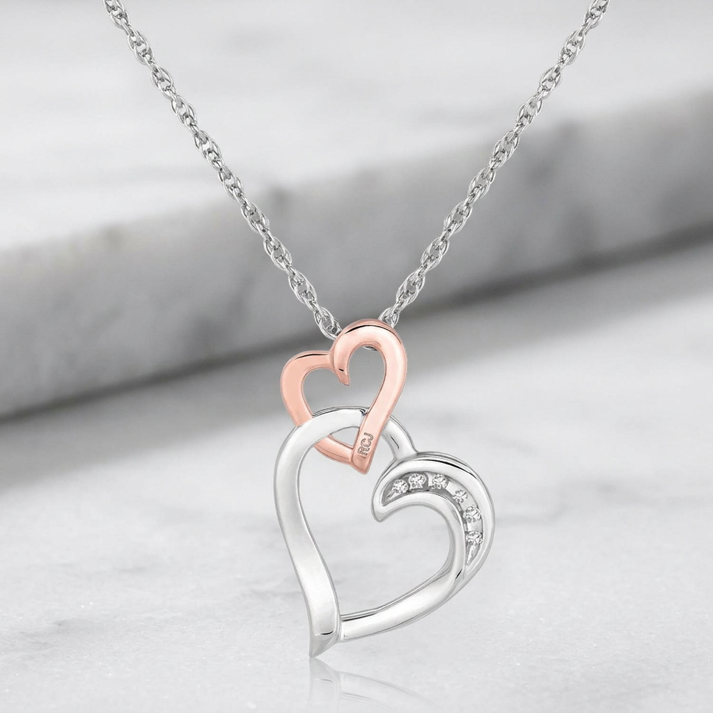 Sterling Silver Cascading Dual Heart Diamond Accented Pendant (.02 cttw)