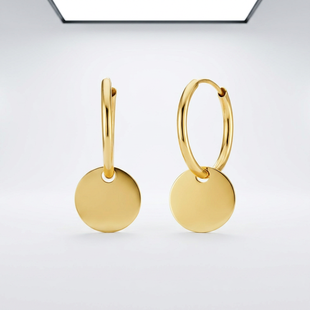 14k Yellow Gold Huggie Style Hoop Earrings with Circle Drops