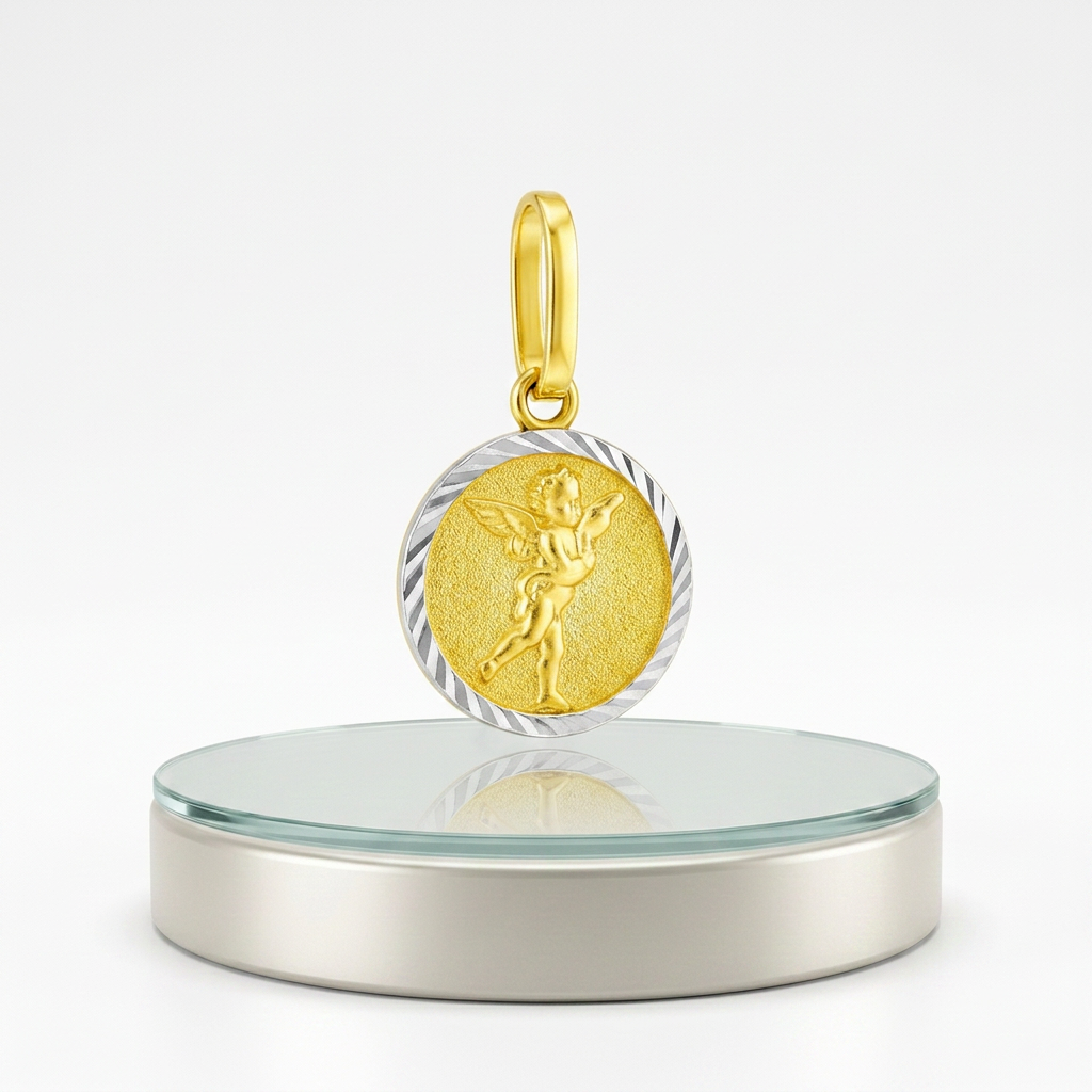 14k Two Tone Gold Small Round Textured Religious Medal Pendant