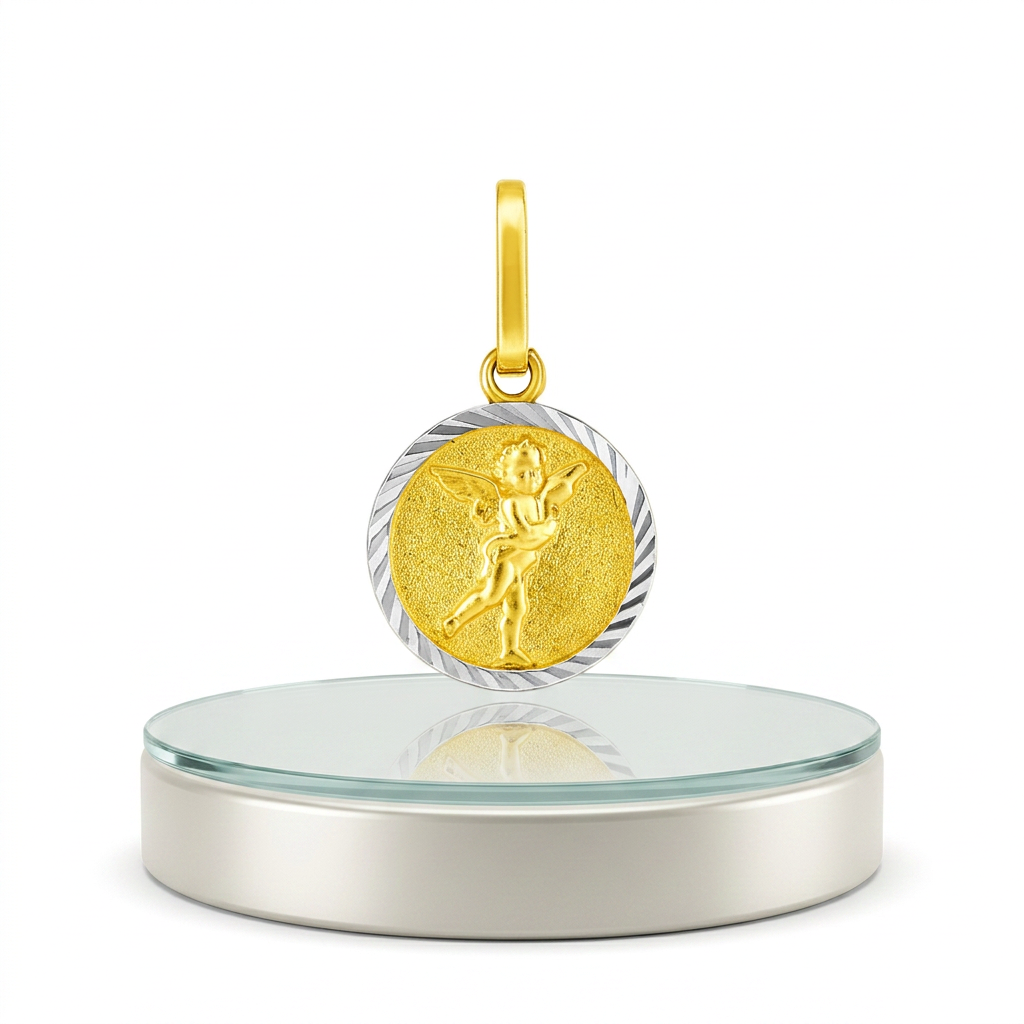 14k Two Tone Gold Small Round Textured Religious Medal Pendant