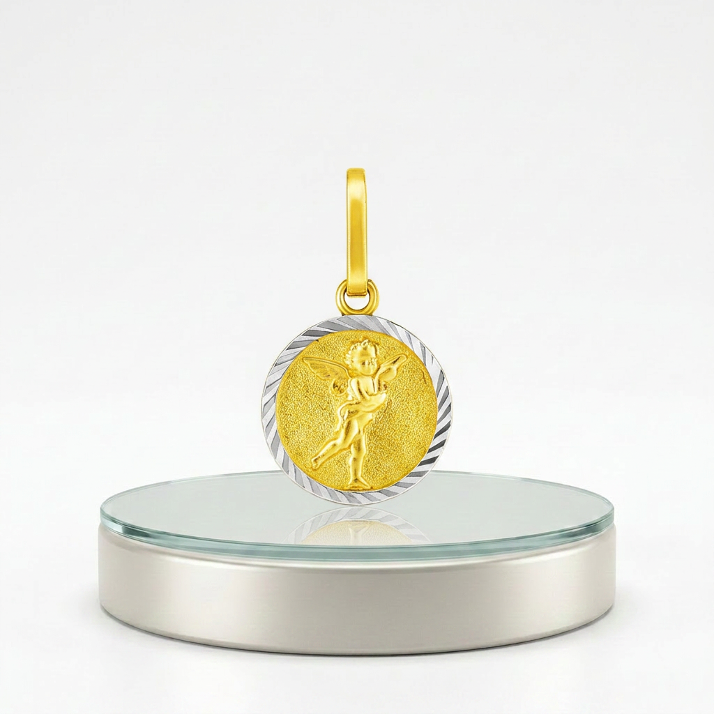14k Two Tone Gold Small Round Textured Religious Medal Pendant