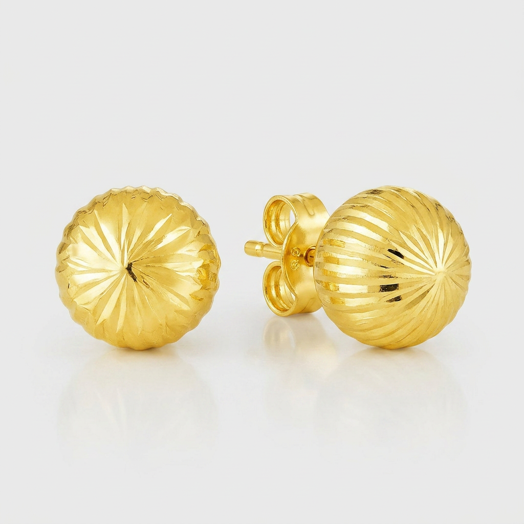 14K Yellow Gold Ball Earrings with Linear Texture