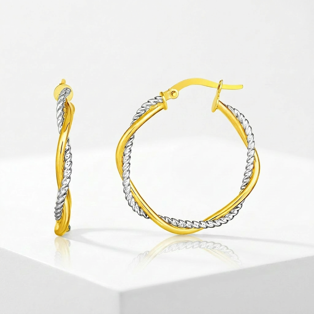 14k Yellow and White Gold Two Part Textured Twisted Round Hoop Earrings
